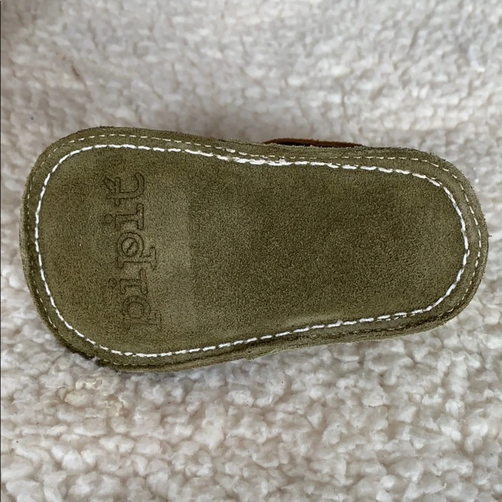 Pipit suede olive and tan stripe booties new in box size 4 unisex first walker